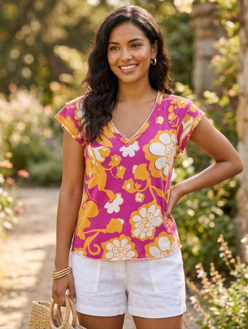 Mauve Anthropologie Pink Yellow Floral V Neck Organic Cotton T Shirt Top S